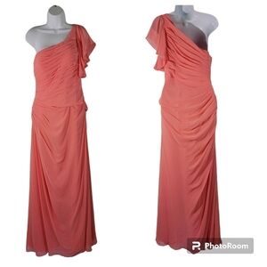 Mari Lee By Madeline Gardner Women's Coral One Shoulder Flare Sleeve Gown Sz 12